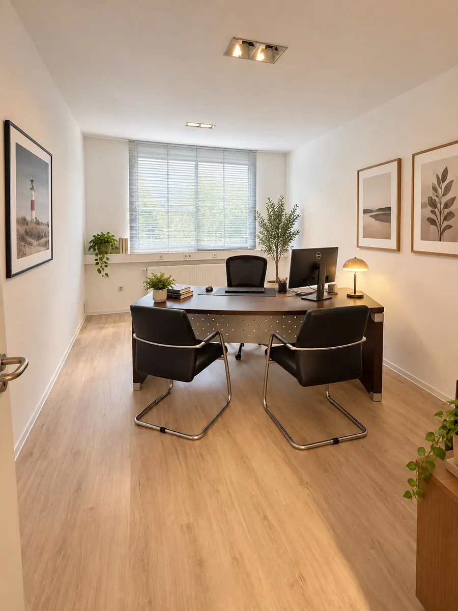 Business Desk Dedicated: fester Arbeitsplatz mit Besucherstühlen im Flex-Adresse Business Hub Langenfeld